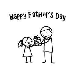 Happy Father's Day, a hand drawn vector doodle illustration of a little girl giving her father a present on Father's Day.