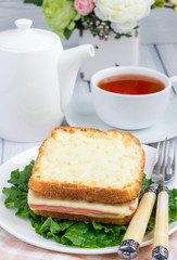 French toasted sandwich Croque monsieur with ham and cheese