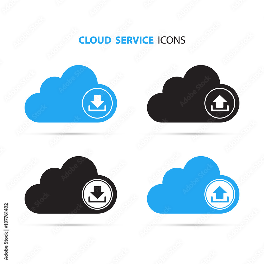 Poster Cloud download and upload icon. Up and down arrows. Cloud computing. Cloud service. Vector Illustration.