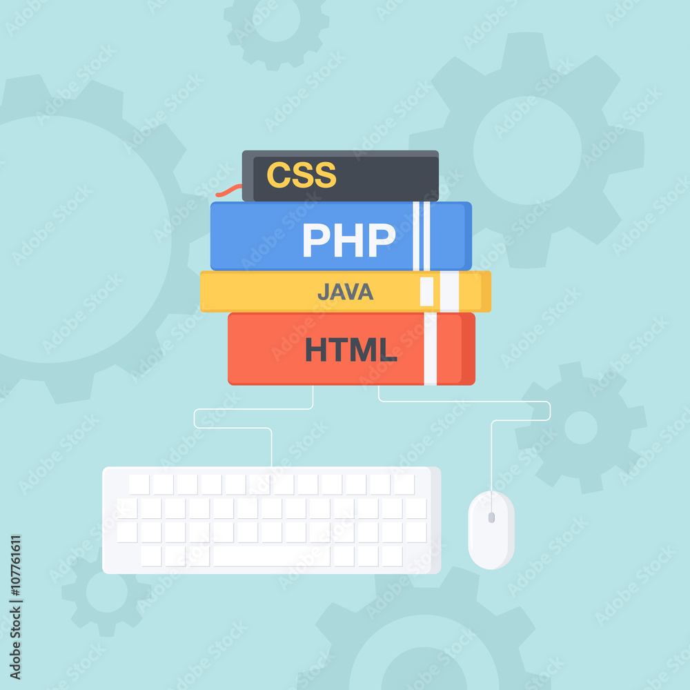 Poster Flat design concept of programming and coding. Study and education. Books with keyboard and computer mouse. Vector illustration.