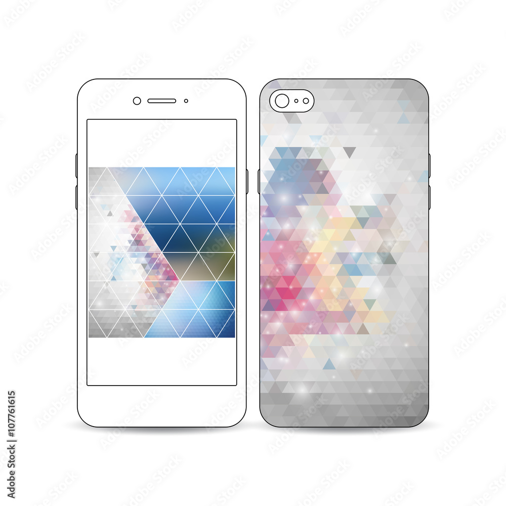 Poster mobile smartphone with an example of the screen and cover design isolated on white background. abstr