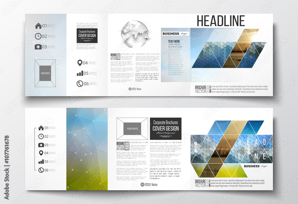 Poster vector set of tri-fold brochures, square design templates. abstract colorful polygonal background wi