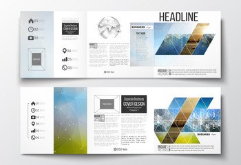 Vector set of tri-fold brochures, square design templates. Abstract colorful polygonal background with blurred image on it, modern stylish triangular and hexagonal vector texture. 