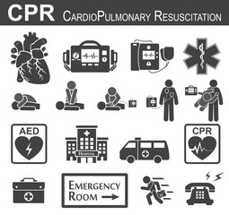 CPR ( Cardiopulmonary resuscitation ) icon ( black & white , flat design ) , Basic life support ( BLS )and Advanced cardiac life support ( ACLS )( mouth to mouth , chest compression , defibrillation ) - obrazy, fototapety, plakaty