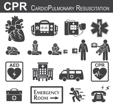 CPR ( Cardiopulmonary resuscitation ) icon ( black & white , flat design ) , Basic life support ( BLS )and Advanced cardiac life support ( ACLS )( mouth to mouth , chest compression , defibrillation )