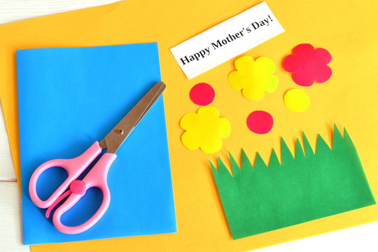 Scissors, set for card, paper flowers, words Happy mother's day - kids paper crafts