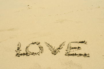 the word love on beach