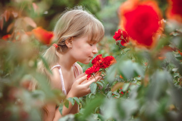 Child with rose flower in spring garden