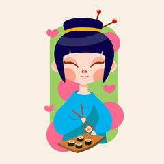 Asian girl enjoy sushi