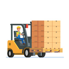 Forklift truck carrying a stacked boxes pallet