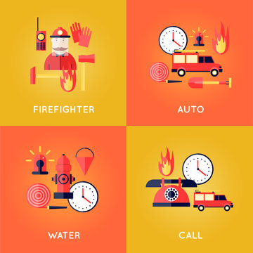 Firefighter, fire, call the fire brigade, fire extinguishing, firefighting tools. Fire truck with alarm signal. Flat style vector illustration.