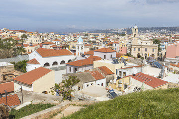 Fototapeta na wymiar View of the white houses of Chania city from above, Crete, Greec