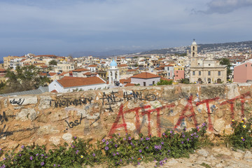 View of the white houses of Chania city from above, Crete, Greec