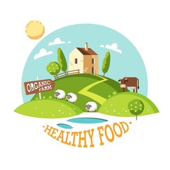 Spring and summer landscape, farm landscape, rural scenery. Organic farm. Healthy food. Vector illustration.
