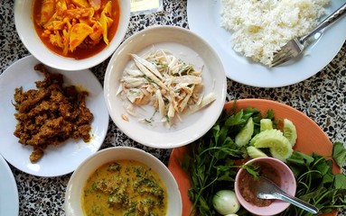 top view photo of Thai food , These food are local food