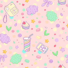 Vector hand drawn siamless pattern. Cute pattern with the image of the camera, cocktail, pastry, macaroon, bow, photo palaroid, panda, cloud and others.