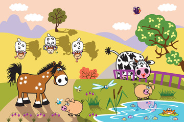 cartoon farm animals : sheep, horse ,cow and pig in the pasture field at evening. Rural landscape . Children illustration vector