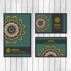 Set of ornamental cards, flyer with colorful flower mandala. Vintage decorative elements. Indian, asian, arabic, islamic, ottoman motif. Vector illustration.