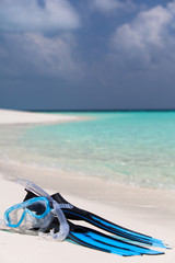 palmes et masque de plongée au bord de l'eau sur une plage paradisiaque