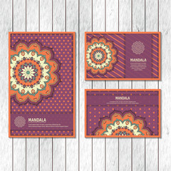Set of ornamental cards, flyer with colorful flower mandala. Vintage decorative elements. Indian, asian, arabic, islamic, ottoman motif. Vector illustration.