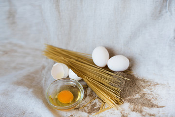 Pasta with raw and whole eggs and flour, meal, pasta, cooking process, whole-wheat flour