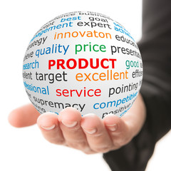 Product concept. Hand take white ball with red inscription product.