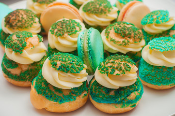Cupcakes, cakes and holiday cookies  for a children's holiday. Festive treats for children's parties