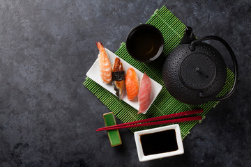 Set of sushi and green tea