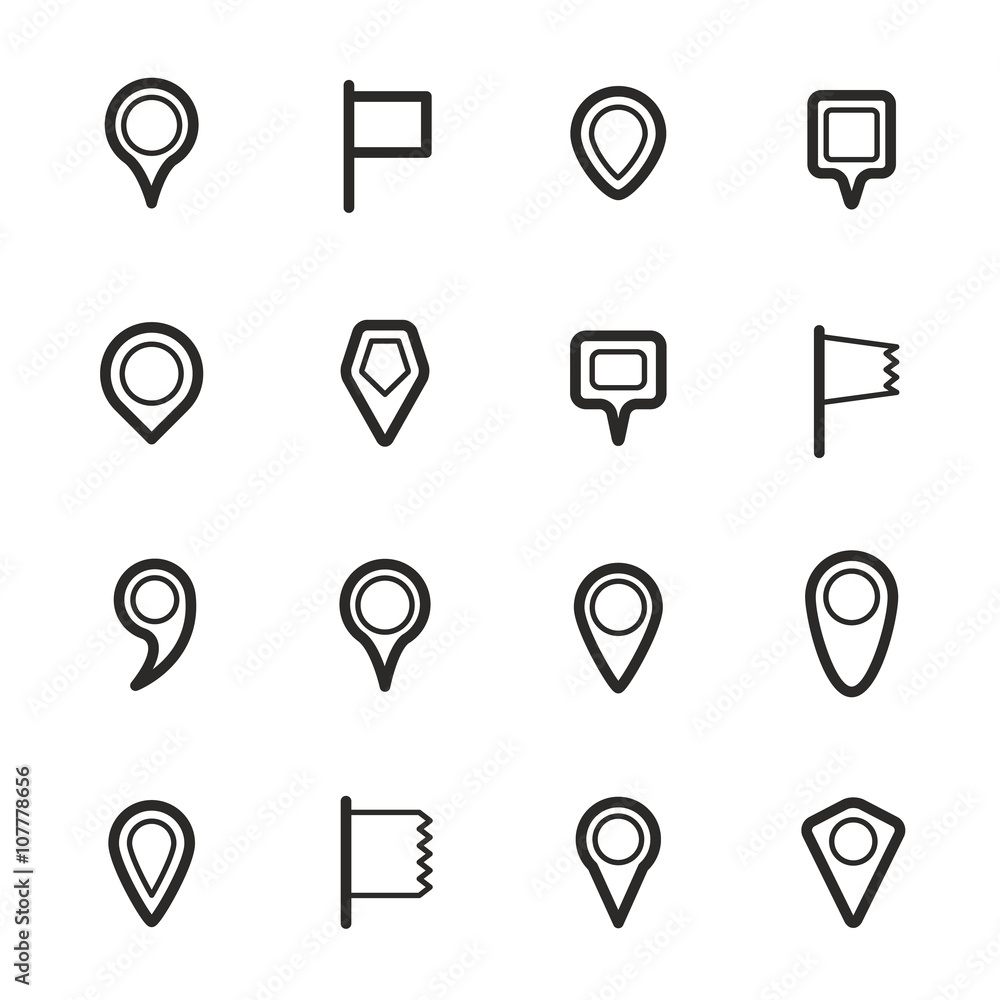 Poster Different navigation pins set with rounded corners. Flat design