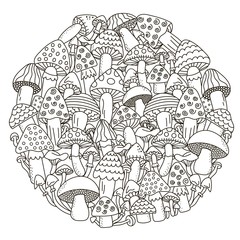 Circle shape pattern with fantasy mushrooms for coloring book © juliyas