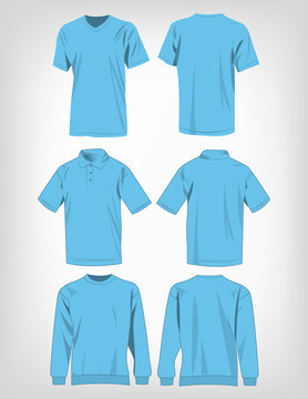 Sport baby blue t-shirt, sweater and polo shirt isolated set vector