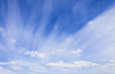 Obraz premium White cirrus clouds and a bright blue sky. Bright, high-contrast picture, nature.