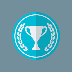 Laurel wreath and trophy cup. Award icon or sign and prize for winner symbol. Flat design. Round medal or button with shadow. Vector illustration.