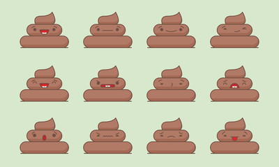 Set of vector kawaii poop emoticons. Isolated on green background.
