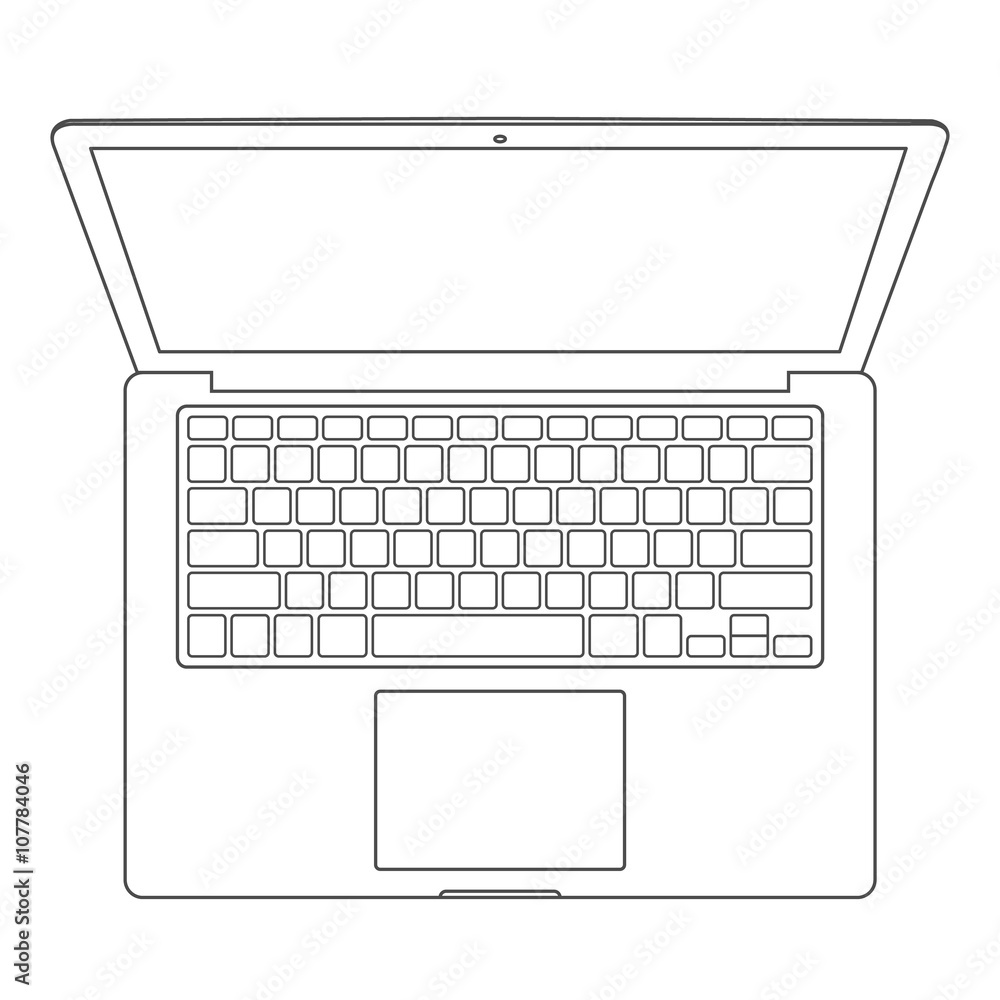 Poster top view of blank laptop computer with keyboard template - mono line, vector illustration eps 10
