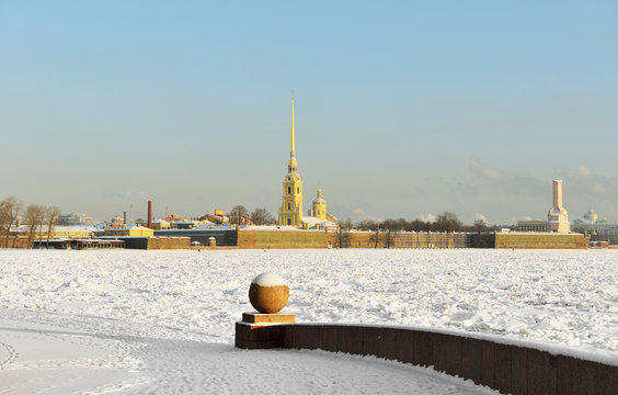 Descent to river Neva and view of Peter and Paul Fortress, St. Petersburg, Russia
