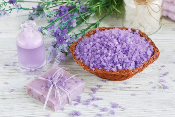Fototapeta na wymiar Natural handmade soap, sea salt and towel