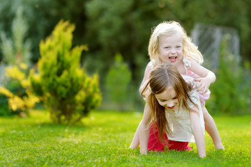 Two cute little sisters having fun together on the grass