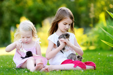 Two adorable little girls feeding small kittens with kitten milk from the bottle