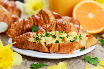Summer Morning Breakfast Croissant stuffed scrambled eggs decorated with flowers.