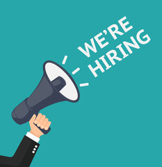 Hand holding megaphone with bubble speech hiring template