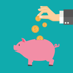 Piggy bank and hand with coin icon