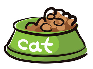 Bowl dry food for cats with caption.
