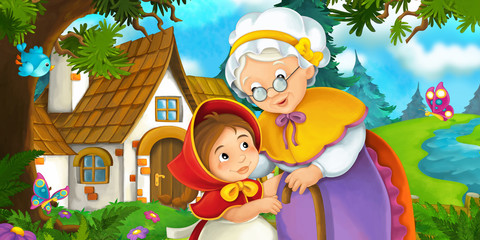 Cartoon scene on a granddaughter and her grandmother standing by the old house near the forest - illustration for children