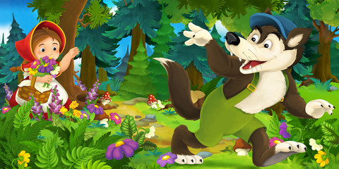Cartoon scene of wolf waving goodbye to a girl in the forest - illustration for children