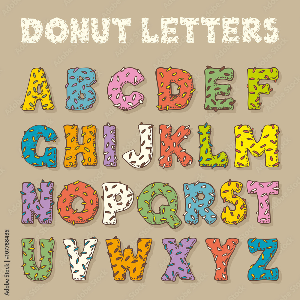 Wall mural english alphabet in donut style. color vector font