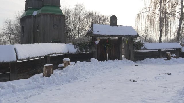 Panorama on Wooden Church Entrance Fence Old-Aged Buildings Bell Towers Winter Church of Paraskeva the Holy Martyr in Pirogovo Sacral Architecture Baroque