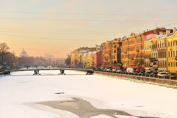 Picturesque sunset on river Fontanka, St Petersburg, Russia