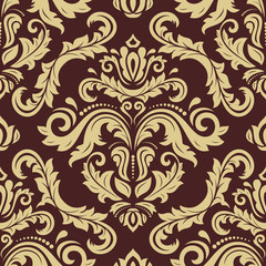 Damask seamless ornament. Traditional brown and golden pattern. Classic oriental background