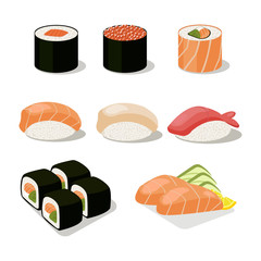 Asia food icon set with sushi rolls sashimi.Flat isolated vector illustration
